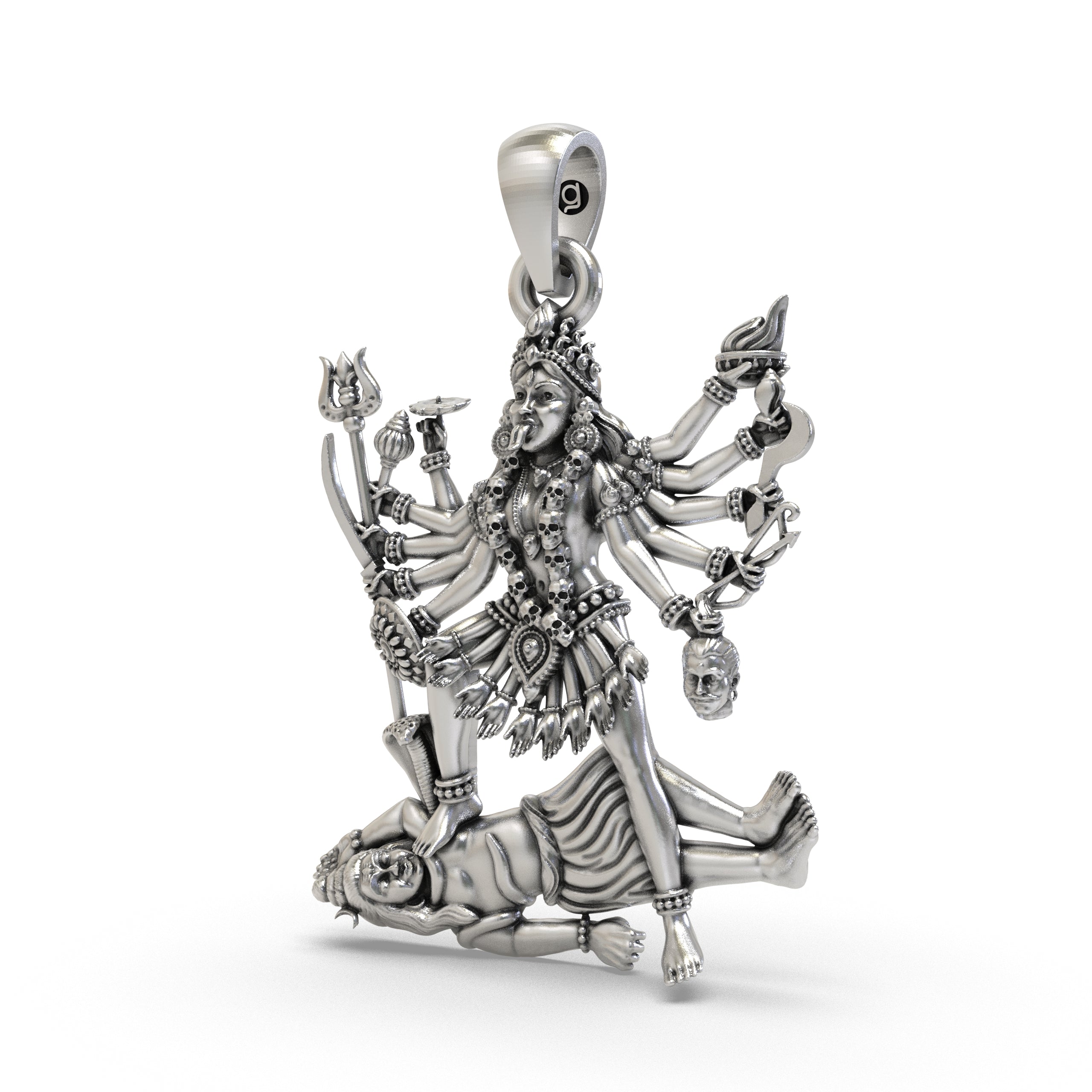 Angled side profile of the 925 Silver Kali Maa Pendant, showing the depth and craftsmanship of the spiritual jewelry.