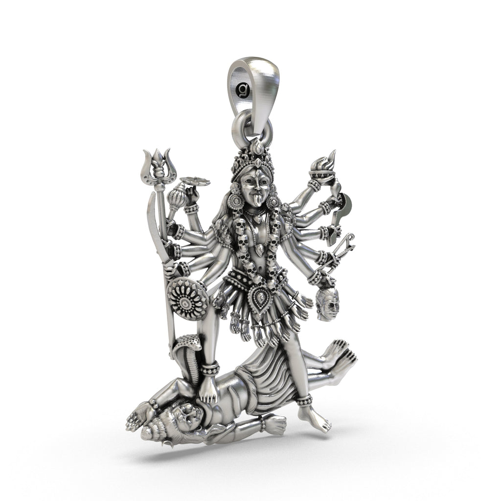 A detailed close-up shot of the 925 Silver Kali Maa Pendant, highlighting the facial features and divine symbolism.