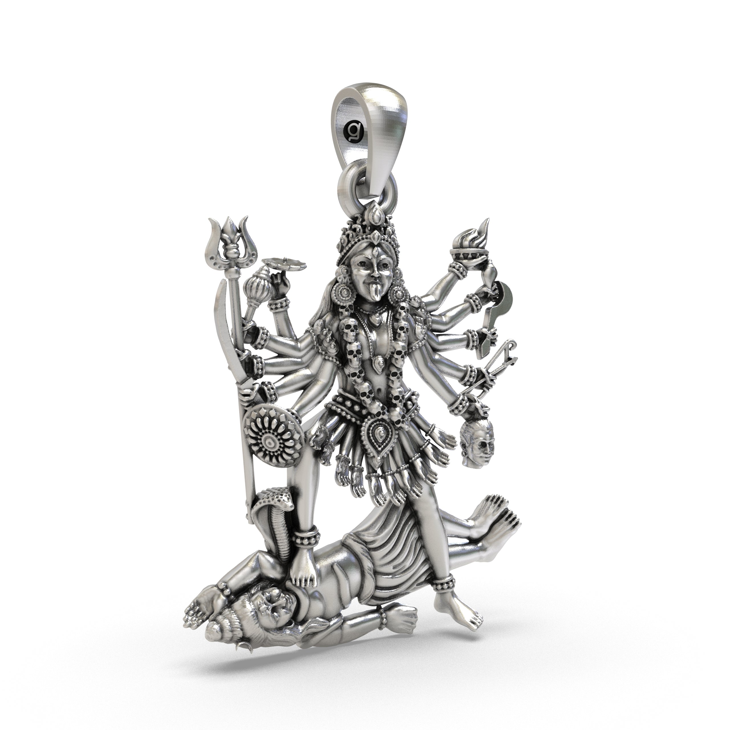 A detailed close-up shot of the 925 Silver Kali Maa Pendant, highlighting the facial features and divine symbolism.