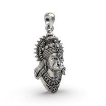 Close-up macro shot of the 925 sterling silver Hanumanji pendant, highlighting the fine details of the face and mace.