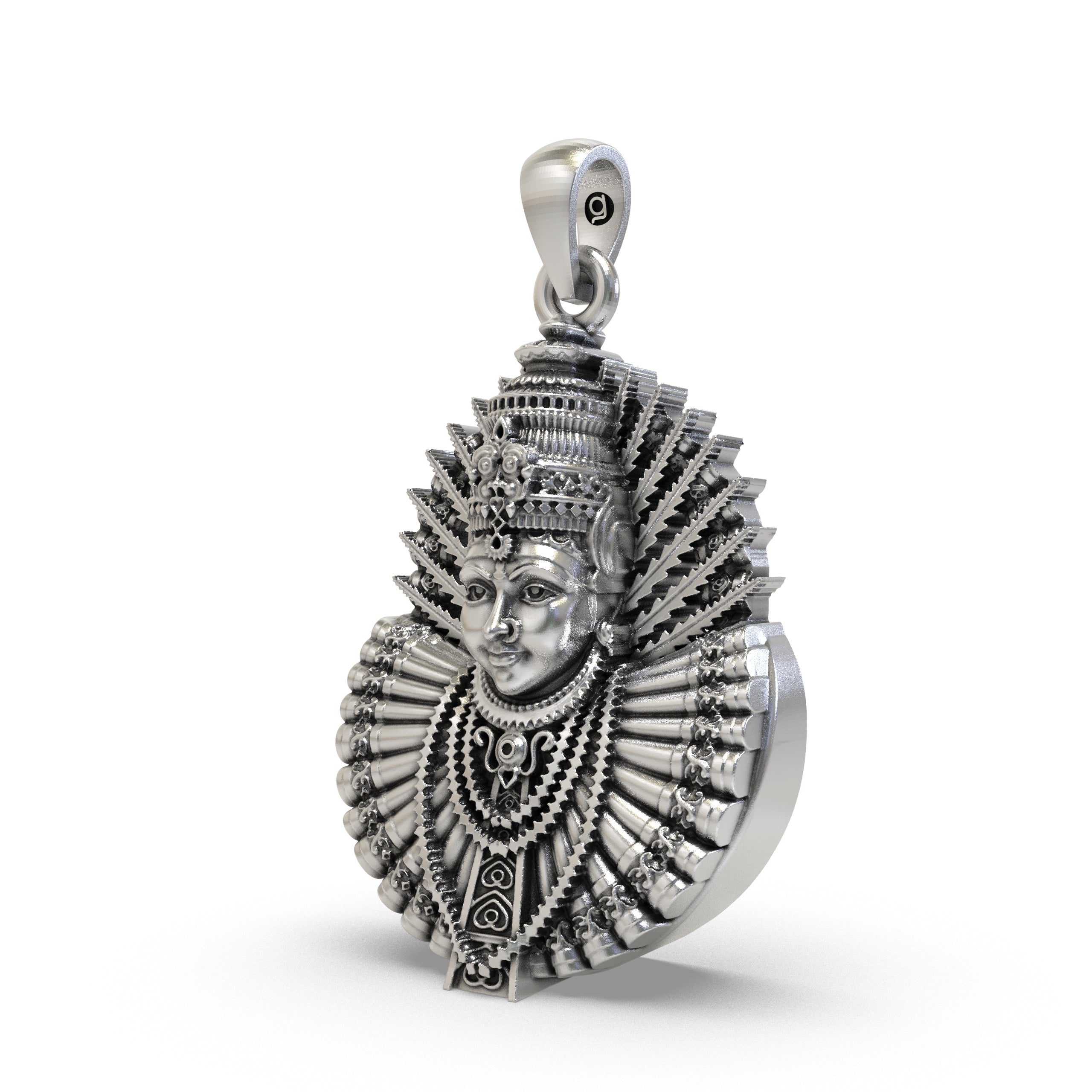 A detailed close-up of the handcrafted 925 silver Renuka Devi pendant, highlighting the intricate facial features.