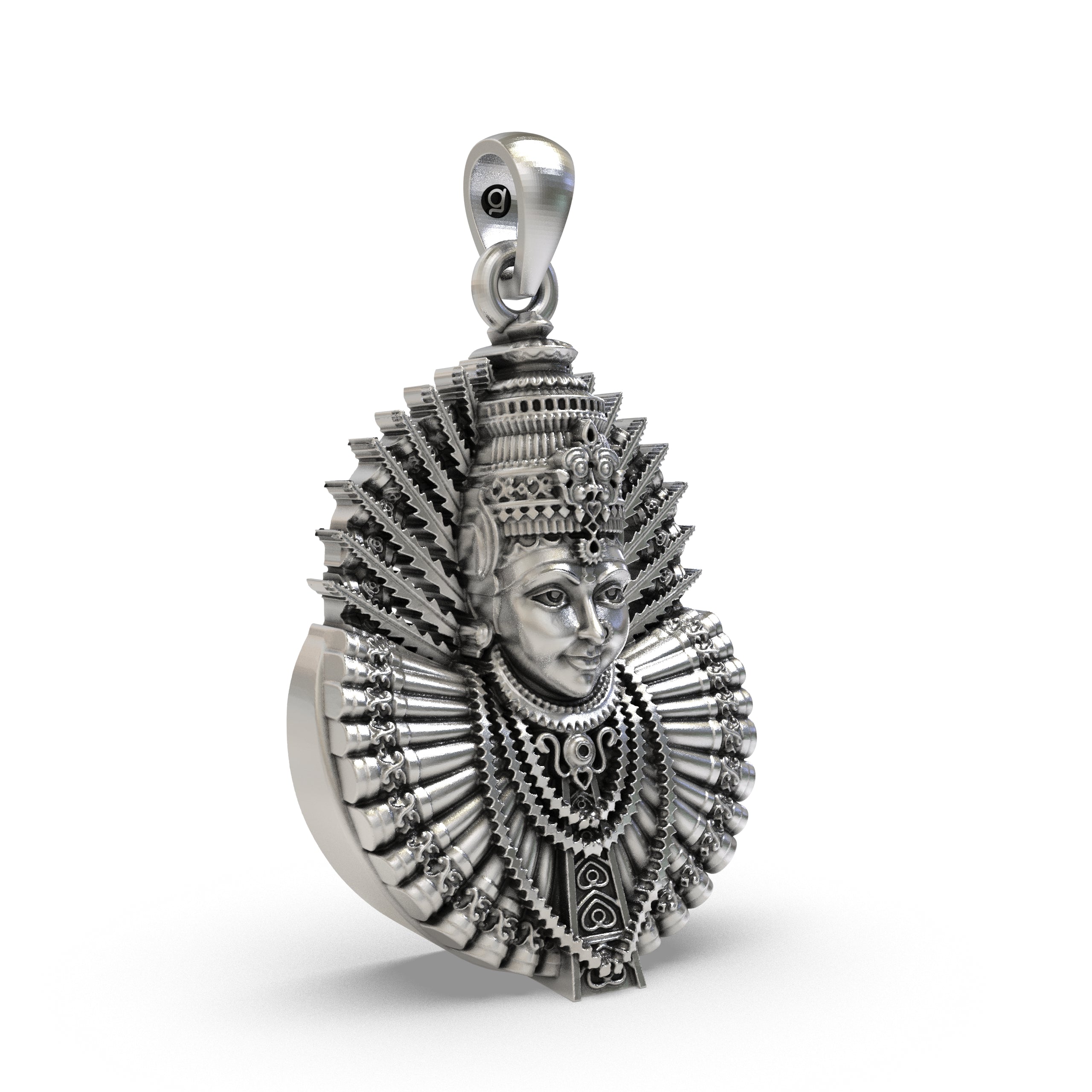 Angled profile of the oxidized 925 silver Renuka Devi pendant, showing its depth and craftsmanship on a plain background.