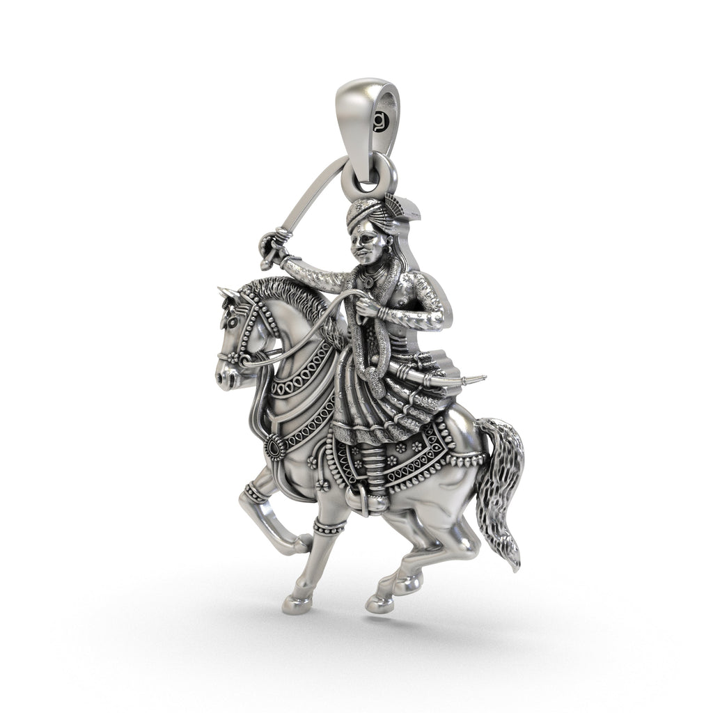 An angled view of the Veer Tejaji Maharaj pendant in 925 sterling silver, highlighting its temple-inspired details.