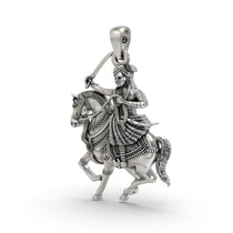 An angled view of the Veer Tejaji Maharaj pendant in 925 sterling silver, highlighting its temple-inspired details.