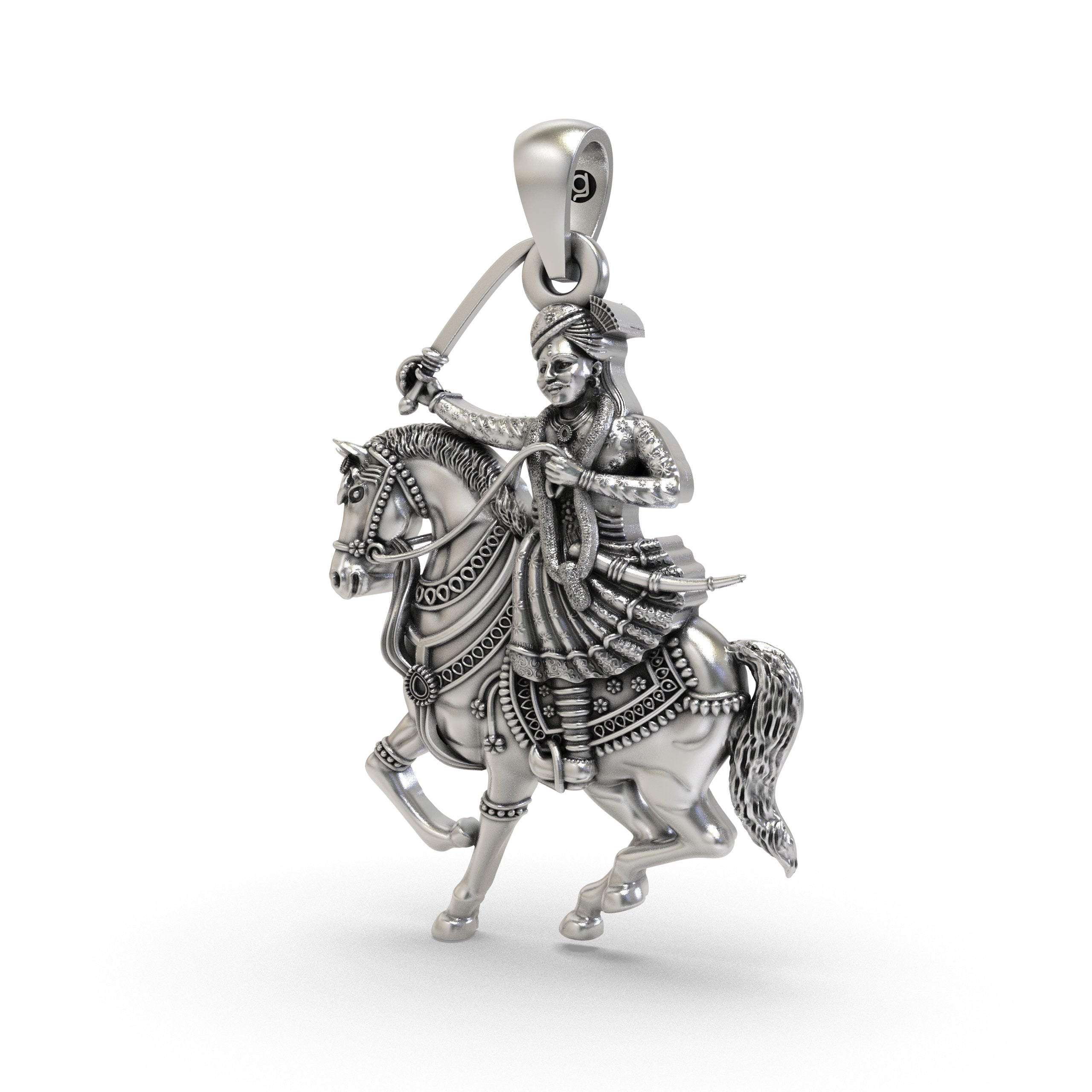 An angled view of the Veer Tejaji Maharaj pendant in 925 sterling silver, highlighting its temple-inspired details.