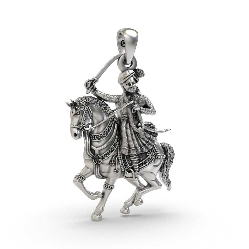 Close-up detail of the oxidized 925 silver Veer Tejaji Maharaj pendant, showing its fine craftsmanship and hollow back.