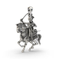 Close-up detail of the oxidized 925 silver Veer Tejaji Maharaj pendant, showing its fine craftsmanship and hollow back.