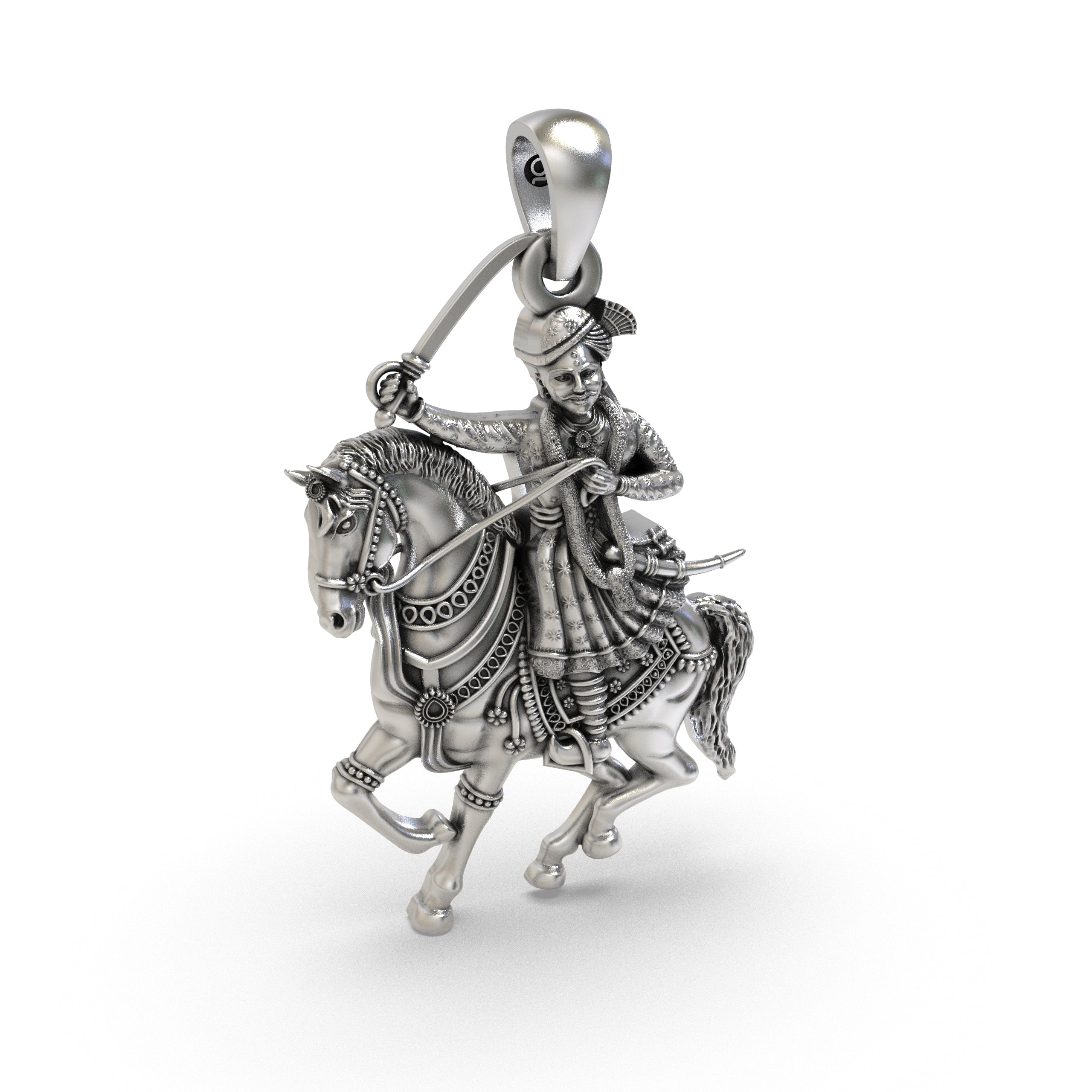 The 925 silver Veer Tejaji Maharaj pendant shown for scale, emphasizing its 40mm height and lightweight comfort.
