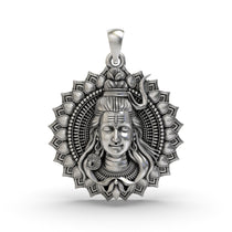 Front view of the 925 silver Shiva face pendant, showcasing its serene expression and oxidized finish.