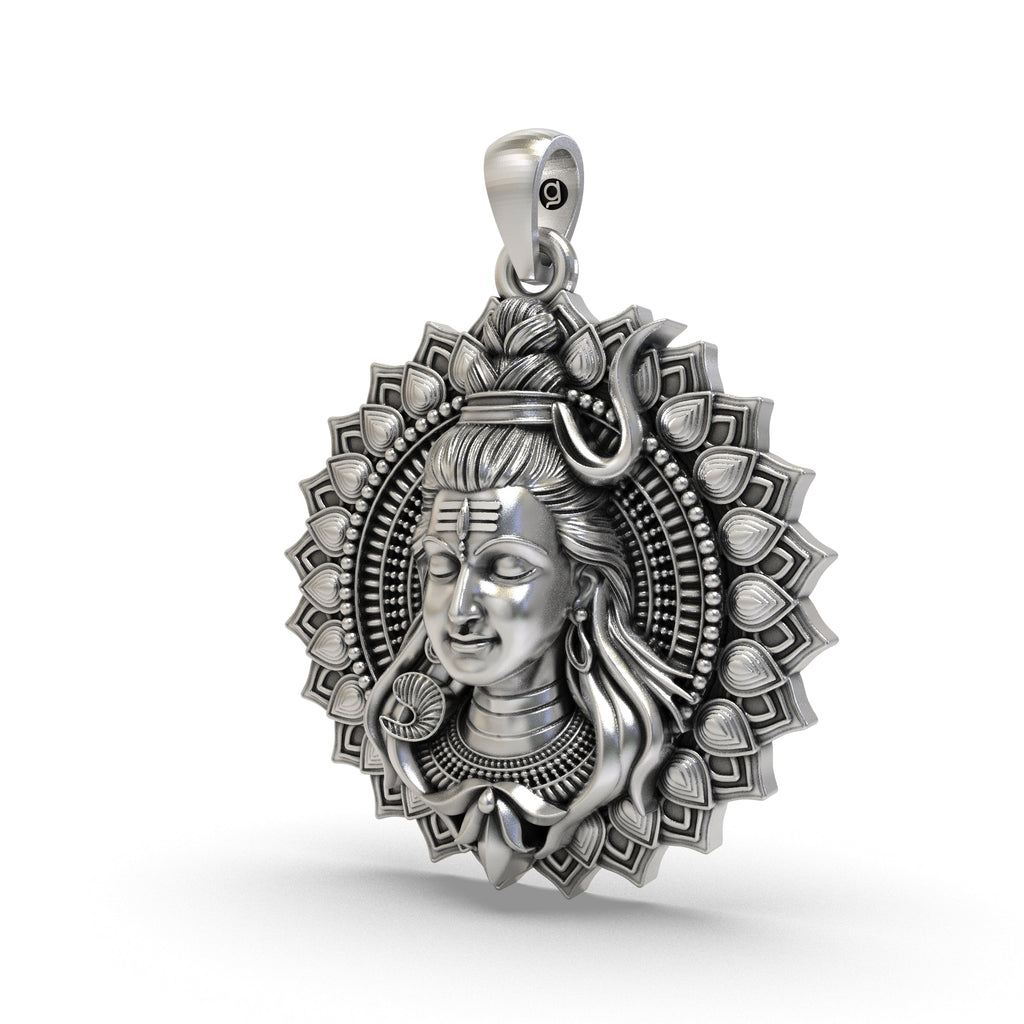 Angled side profile of the Lord Shiva face pendant in 925 sterling silver, highlighting its divine details.