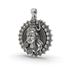 Angled side profile of the Lord Shiva face pendant in 925 sterling silver, highlighting its divine details.