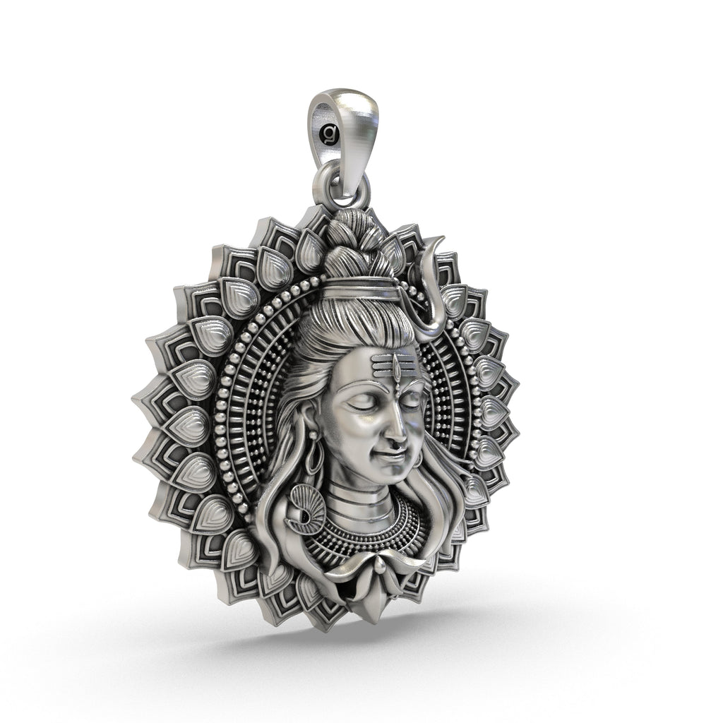 A close-up of the intricate craftsmanship and antique oxidized finish on the 925 silver Shiva face pendant.
