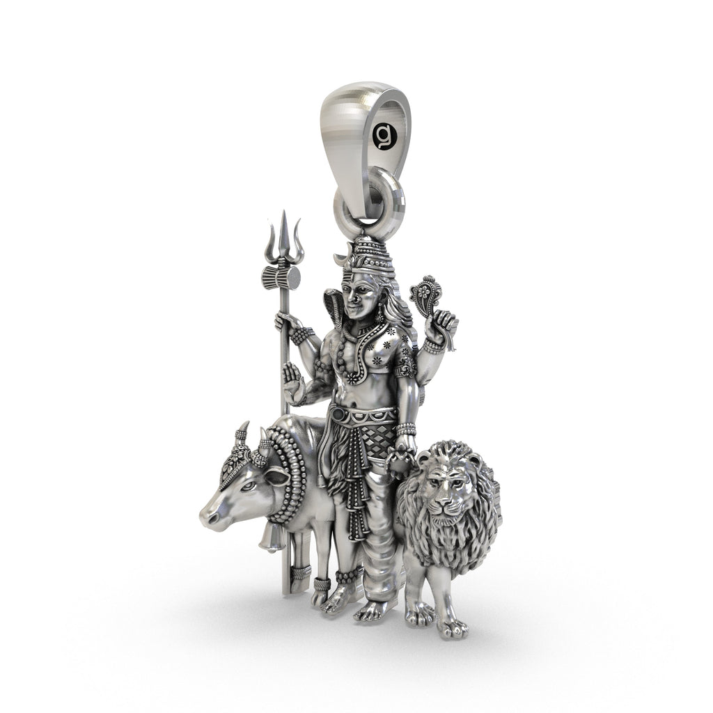 Detailed close-up of the oxidized finish on the 925 silver Ardha Nareeswara Shiv Shakti pendant.