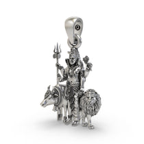 Detailed close-up of the oxidized finish on the 925 silver Ardha Nareeswara Shiv Shakti pendant.