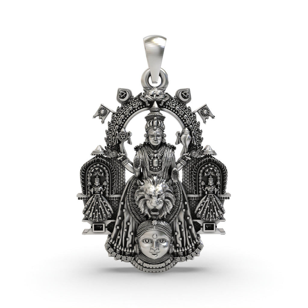 Front view of the 925 silver Kollur Shri Mookambika Devi pendant showcasing the detailed oxidized design.