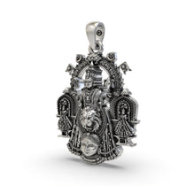 Angled side profile of the Kollur Mookambika Devi pendant in 925 sterling silver with an antique finish.