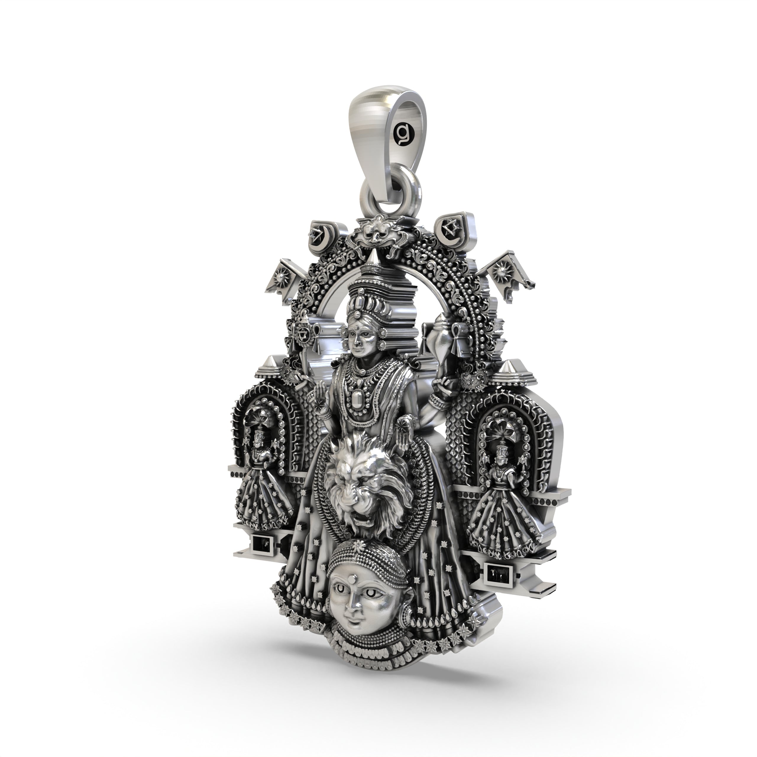 Angled side profile of the Kollur Mookambika Devi pendant in 925 sterling silver with an antique finish.