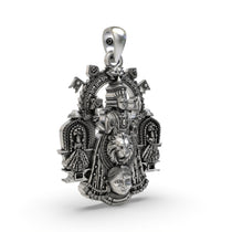 Close-up of the intricate craftsmanship on the oxidized 925 silver Shri Mookambika Devi pendant from Kollur.