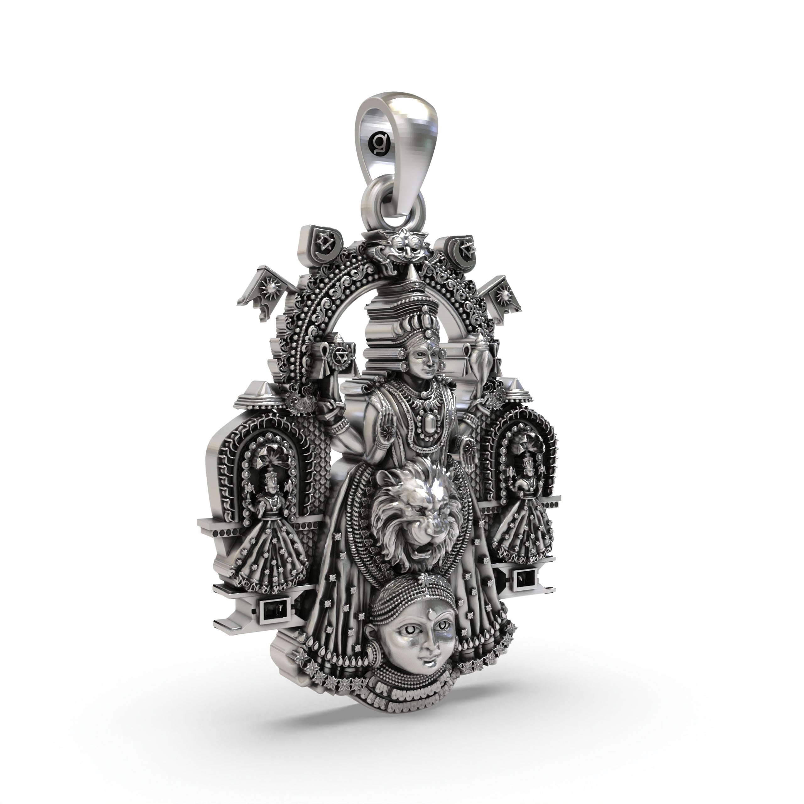 Close-up of the intricate craftsmanship on the oxidized 925 silver Shri Mookambika Devi pendant from Kollur.