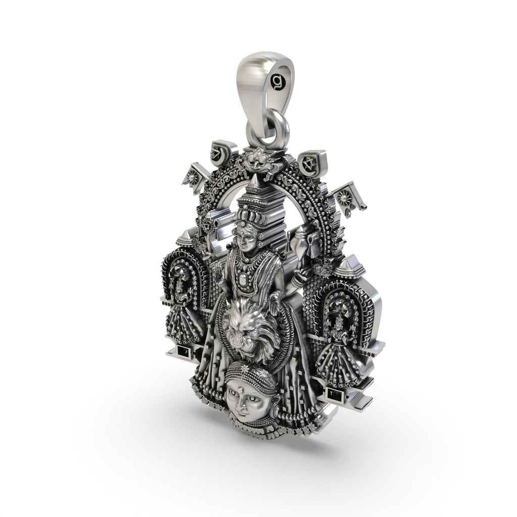 The hollow back design of the lightweight 925 sterling silver Kollur Mookambika Devi pendant for comfort.