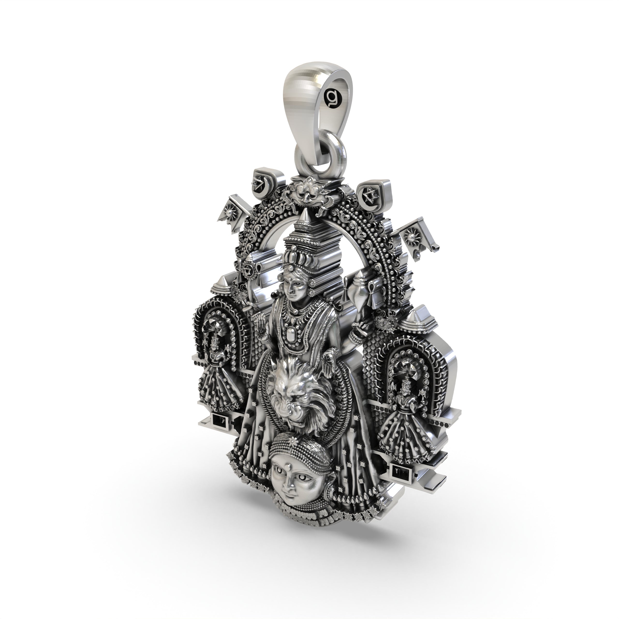 The hollow back design of the lightweight 925 sterling silver Kollur Mookambika Devi pendant for comfort.
