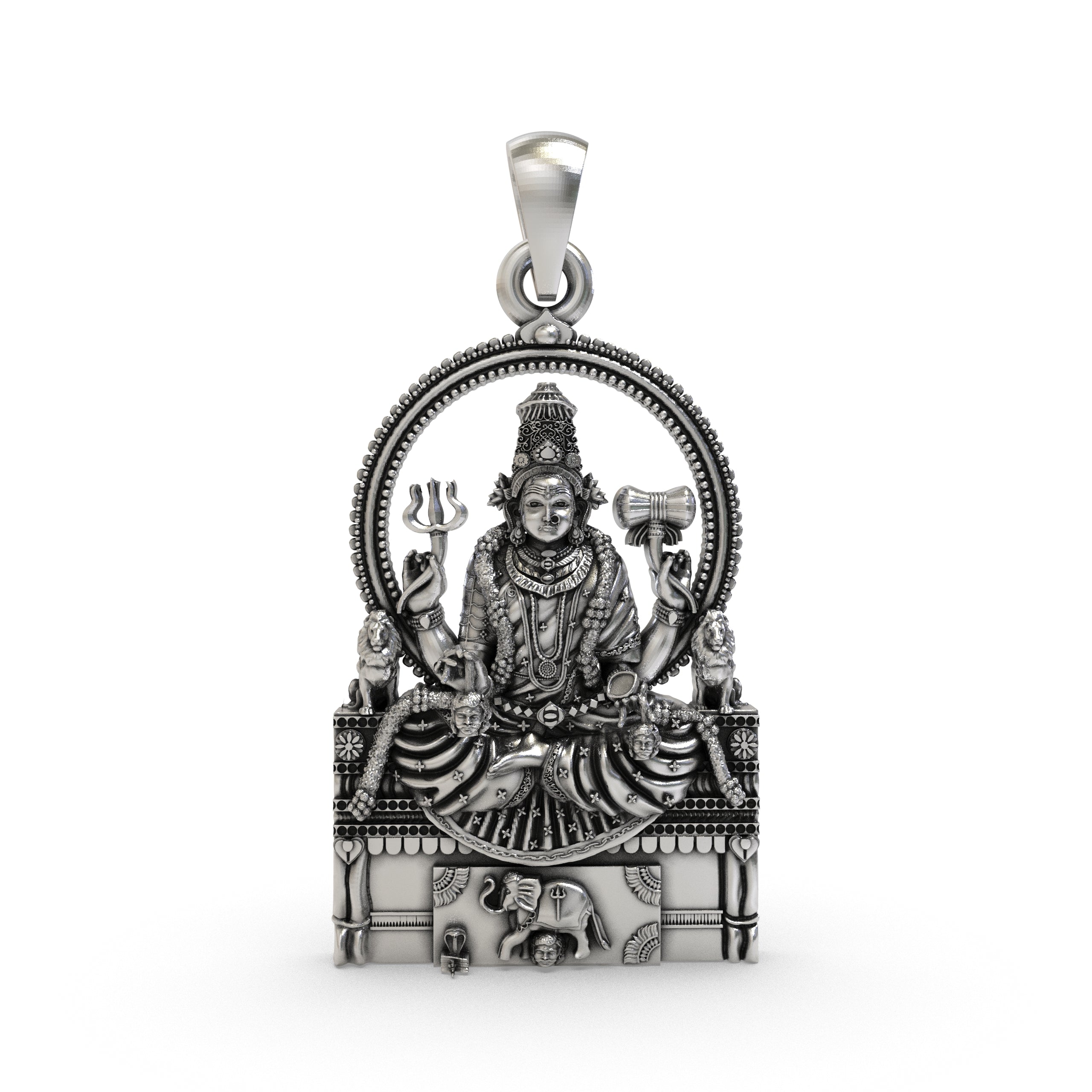 Front view of the intricately designed Sri Mannamma Devi pendant in oxidized 925 sterling silver from Alankar. Main image