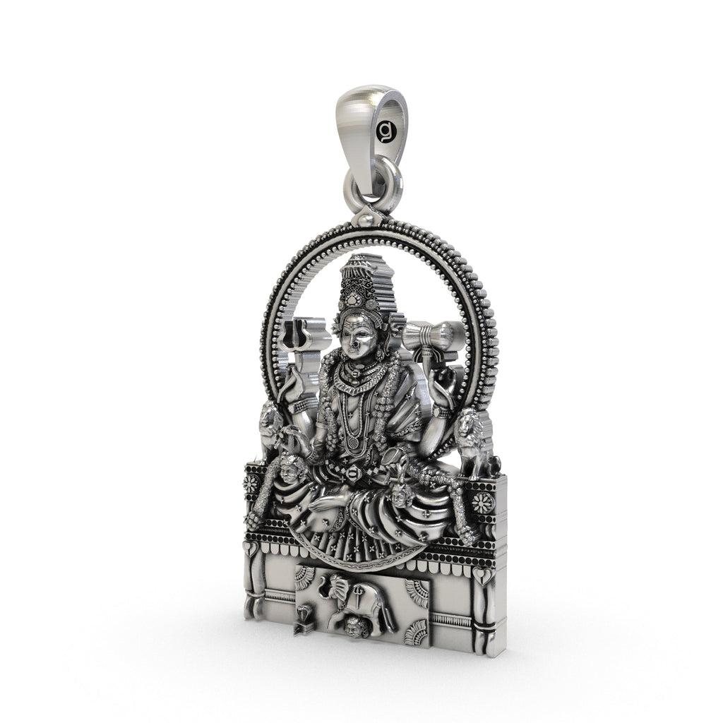 Angled view of the 925 silver Sri Mannamma Devi pendant, showing the depth of its sacred and intricate design.