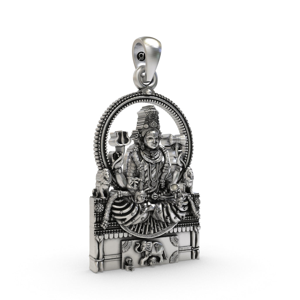 A detailed close-up of the Sri Mannamma Devi pendant in 925 silver, highlighting the antique oxidized finish.