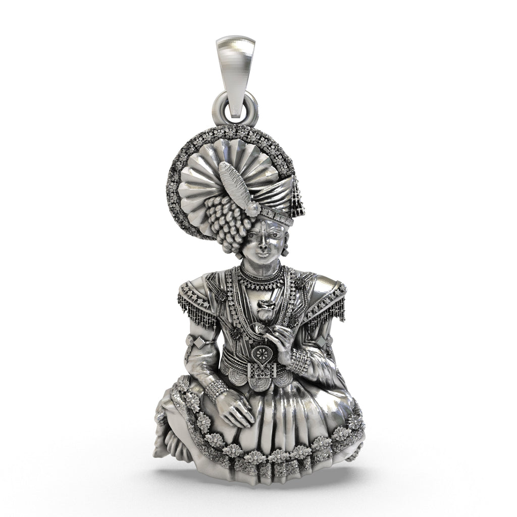 Front view of the intricately detailed 925 Silver Swaminarayan Bhagwan Pendant with an oxidized finish.