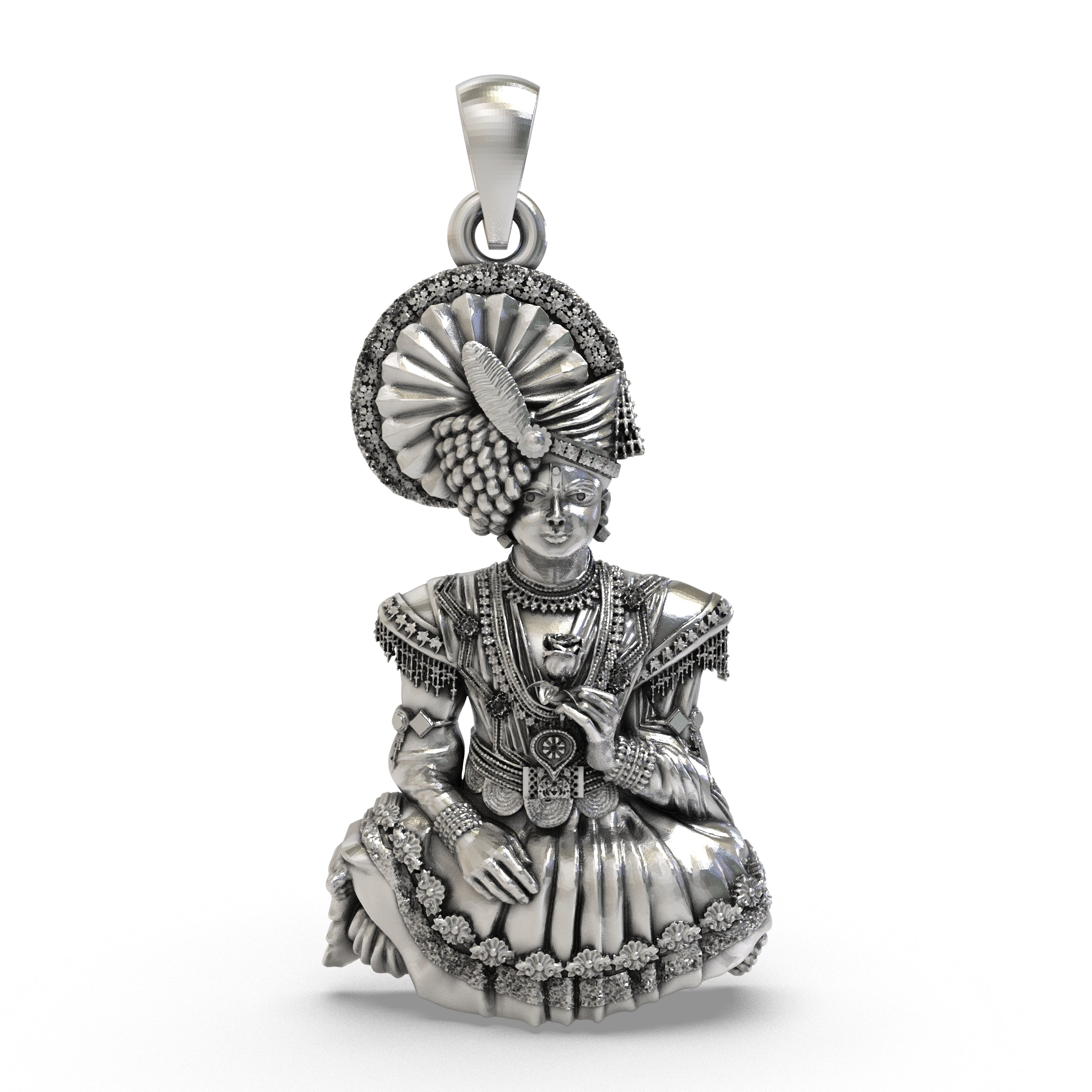 Front view of the intricately detailed 925 Silver Swaminarayan Bhagwan Pendant with an oxidized finish.