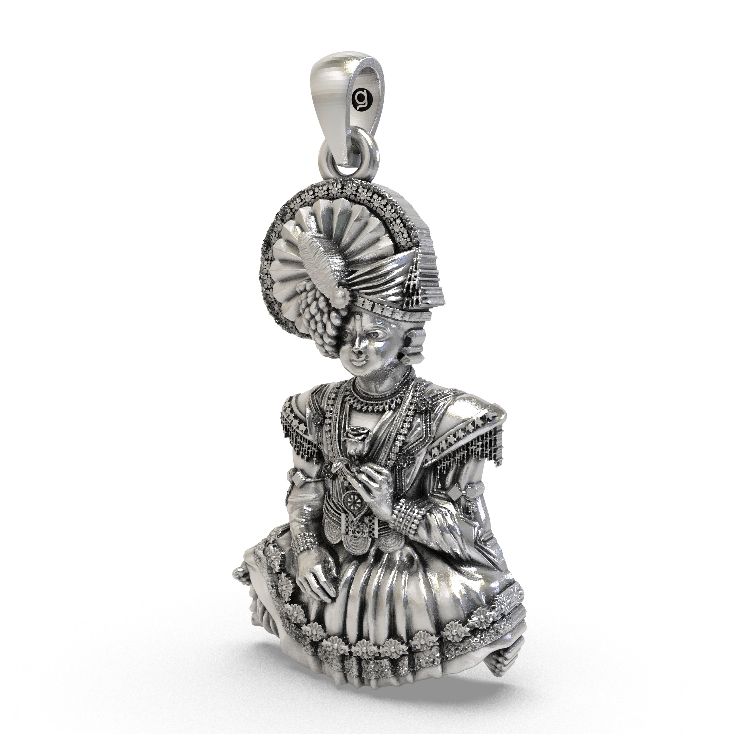 An angled profile view of the 925 Silver Swaminarayan Bhagwan Pendant, showing its divine craftsmanship.