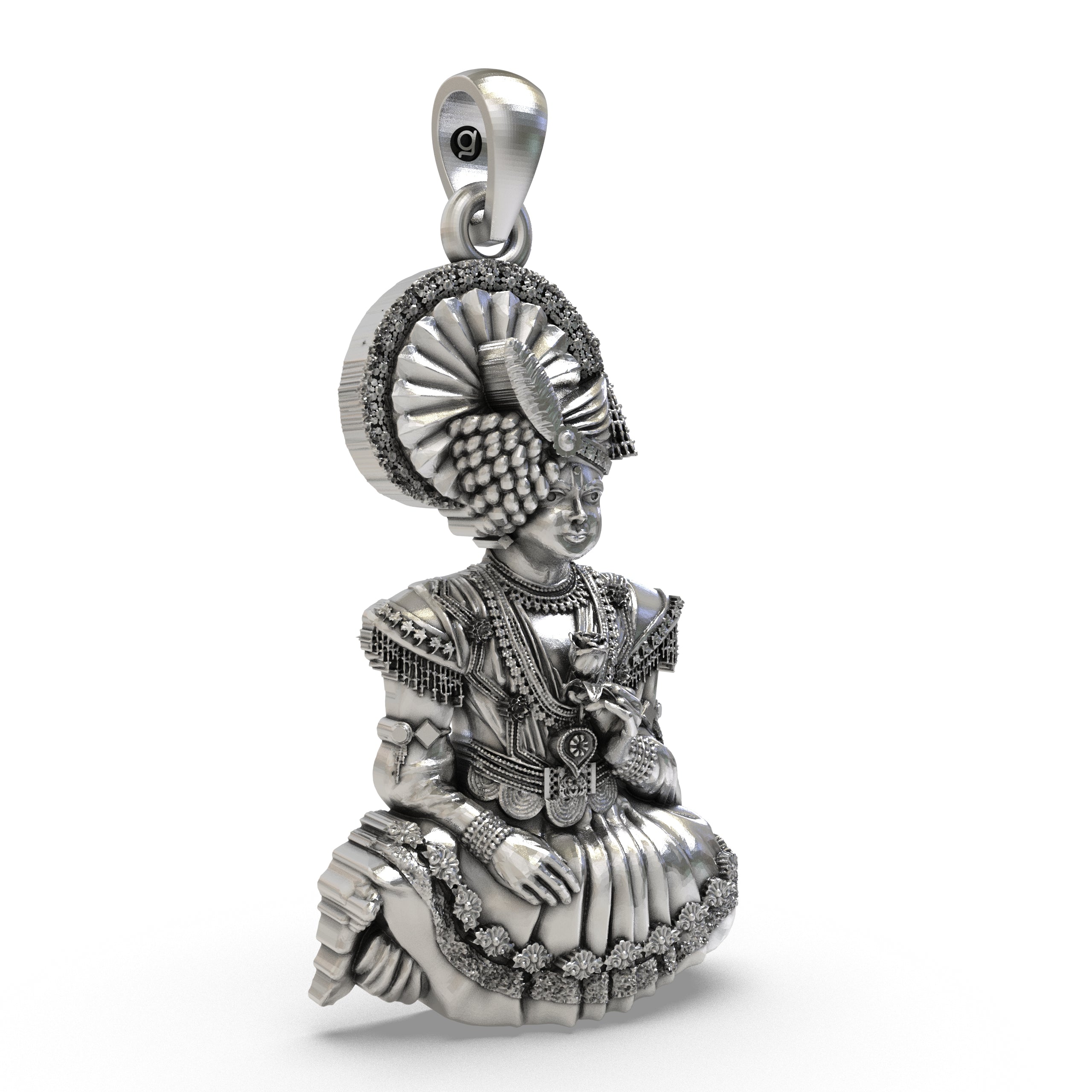 Close-up detail of the sacred 925 Silver Swaminarayan Bhagwan Pendant, highlighting the antique texture.