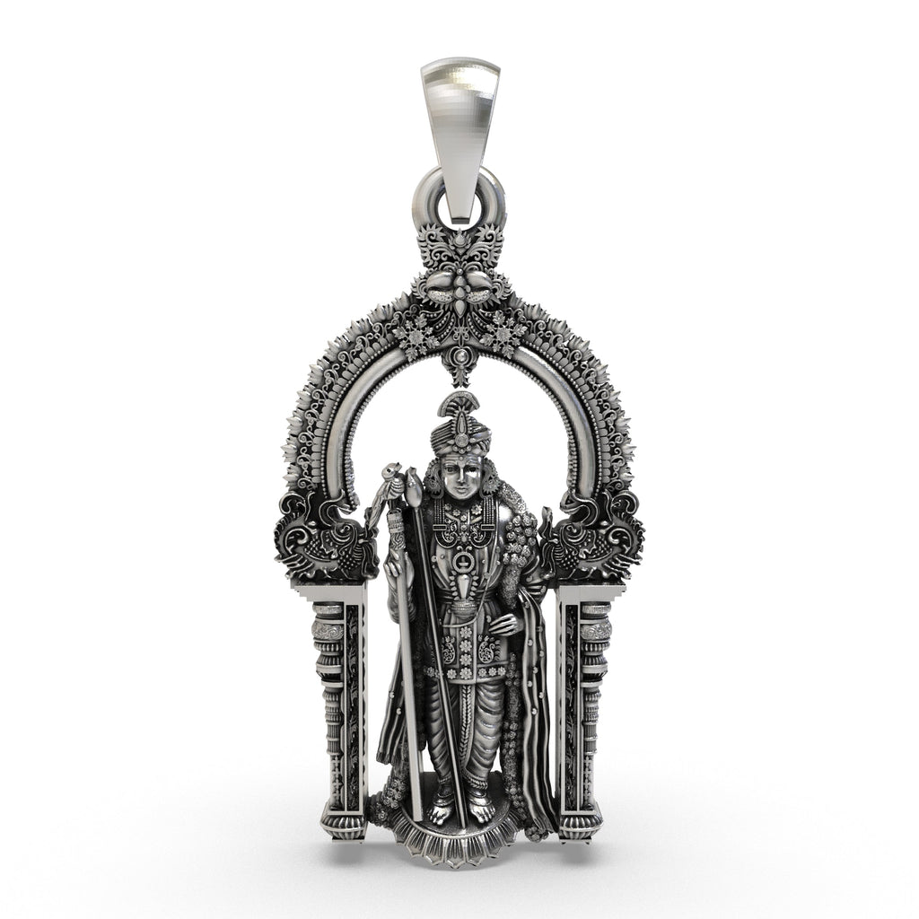 Front view of the 925 silver Arulmigu Dhandayuthapani Swamy pendant showing the deity's intricate details.