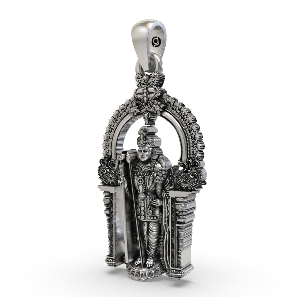 Angled shot of the oxidized 925 silver Lord Murugan pendant, highlighting its divine craftsmanship and antique finish.