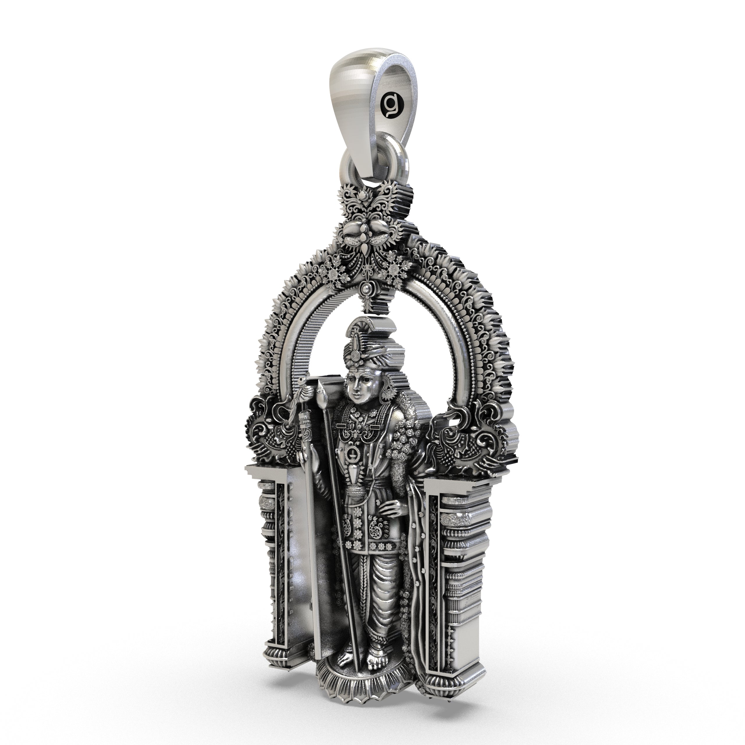 Angled shot of the oxidized 925 silver Lord Murugan pendant, highlighting its divine craftsmanship and antique finish.