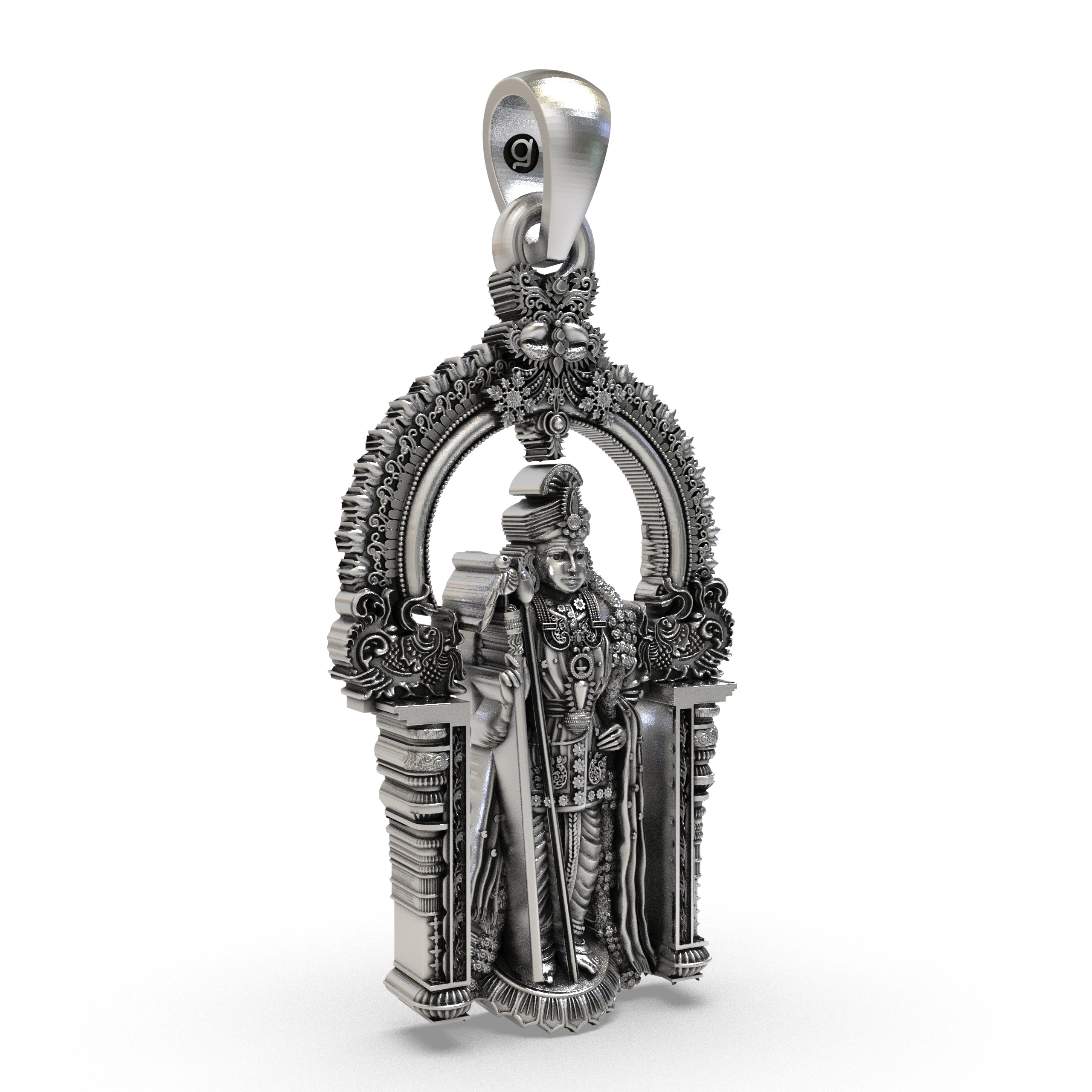 Close-up detail on the face and staff of the Arulmigu Dhandayuthapani Swamy pendant in sterling silver.