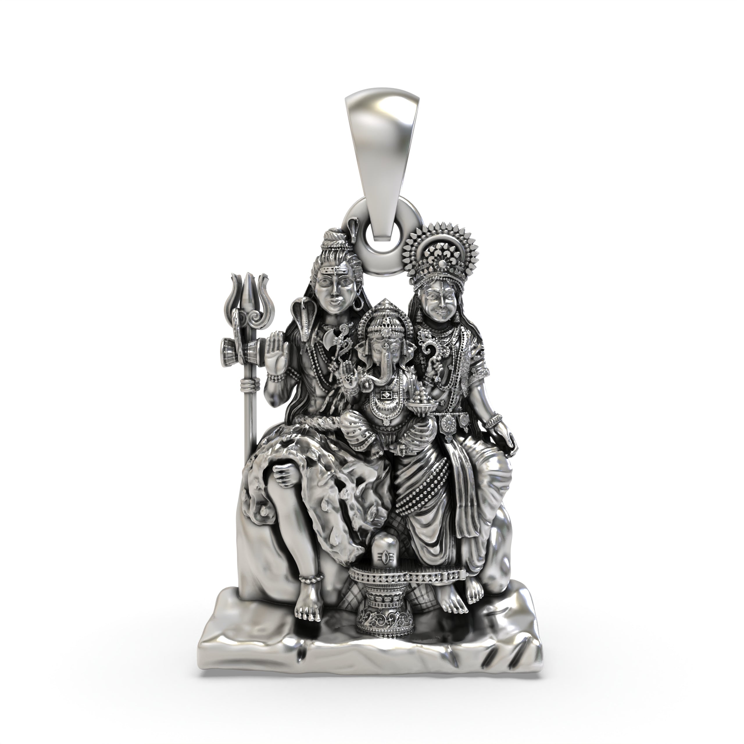 Front view of the 925 sterling silver Shiva Family Pendant showing Lord Shiva, Parvati, and Ganesha together.