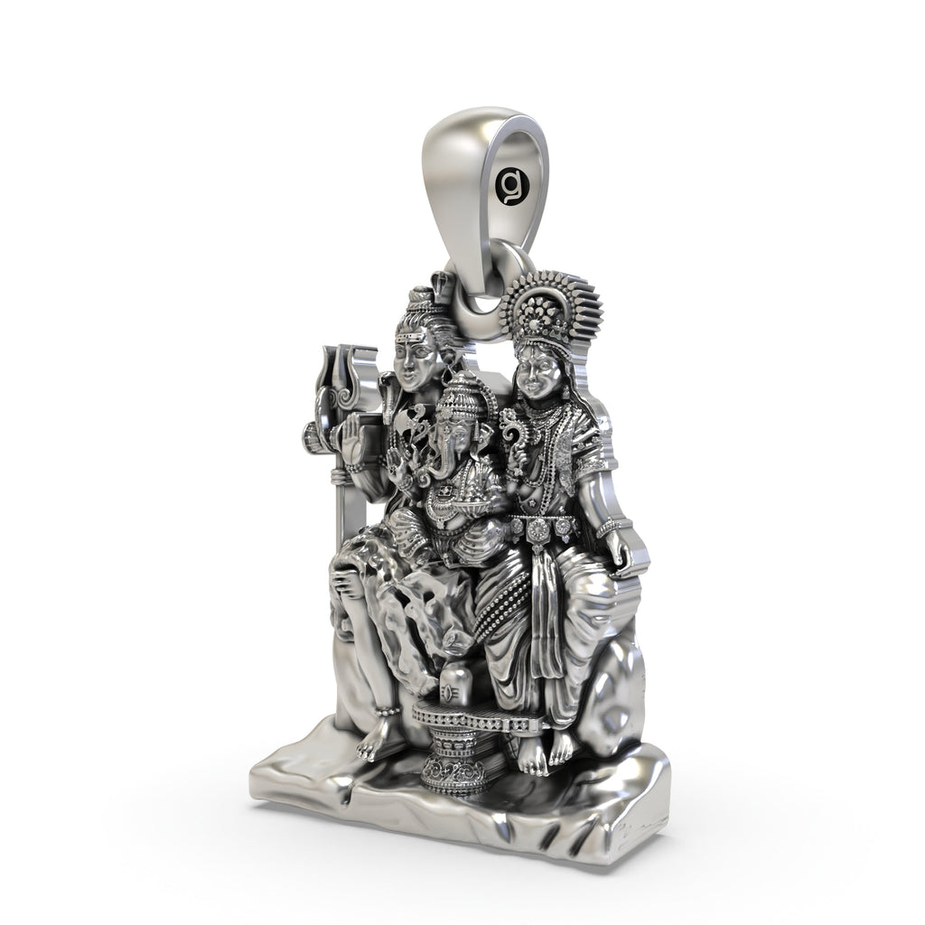 Angled profile shot of the oxidized 925 silver Shiva Family Pendant, highlighting its detailed craftsmanship.