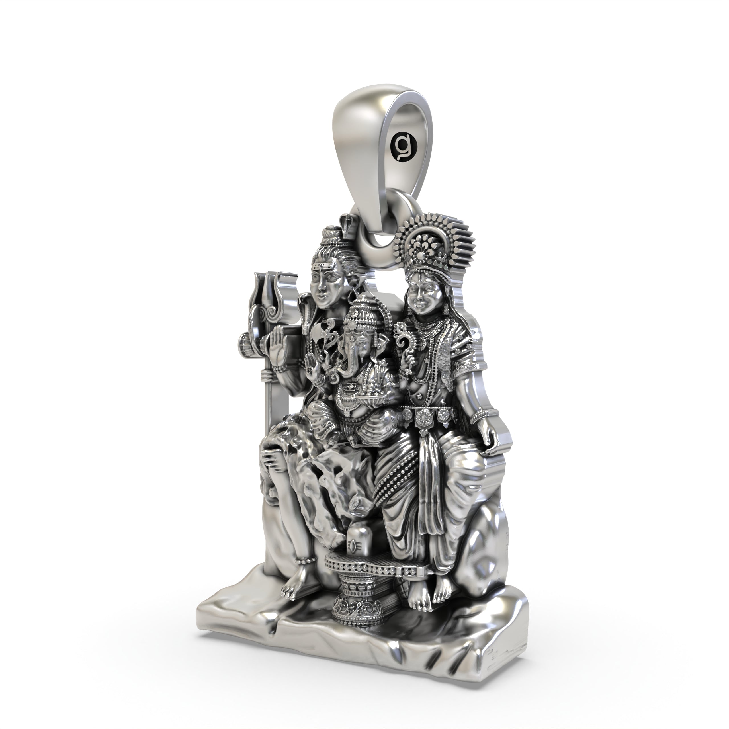 Angled profile shot of the oxidized 925 silver Shiva Family Pendant, highlighting its detailed craftsmanship.