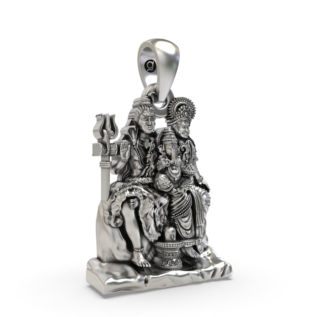 Close-up detail of the handcrafted Shiva Family Pendant in antique oxidized 925 sterling silver from Alankar.