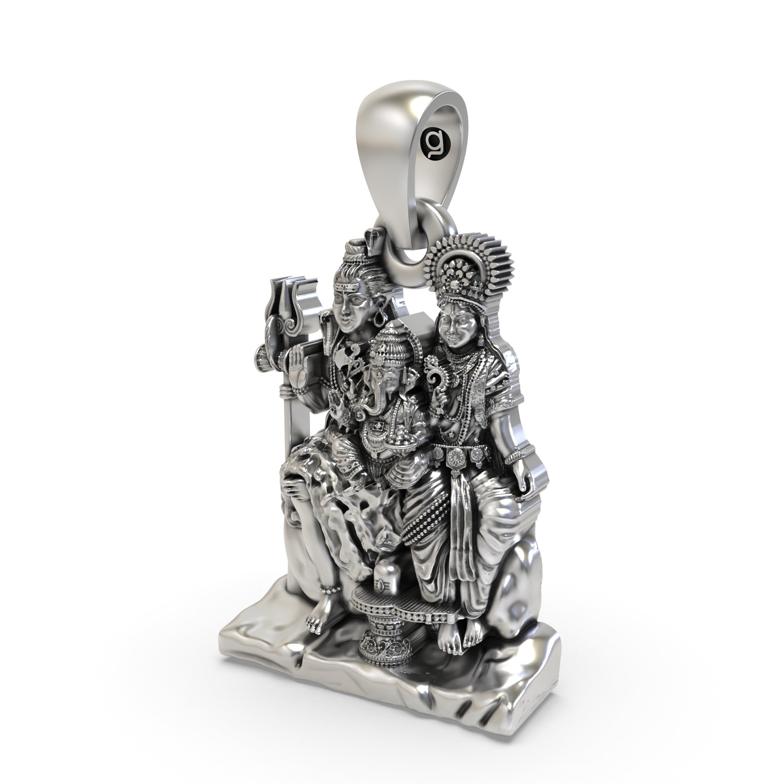 Side and back view of the hollow design Shiva Family Pendant in 925 silver for lightweight comfort and daily wear.