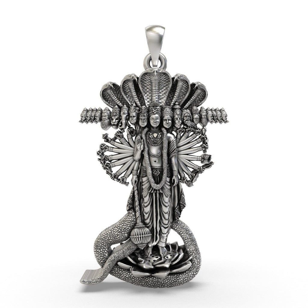 Front view of the detailed 925 Silver Lord Vishnu Pendant, showcasing its intricate design and antique oxidized finish.