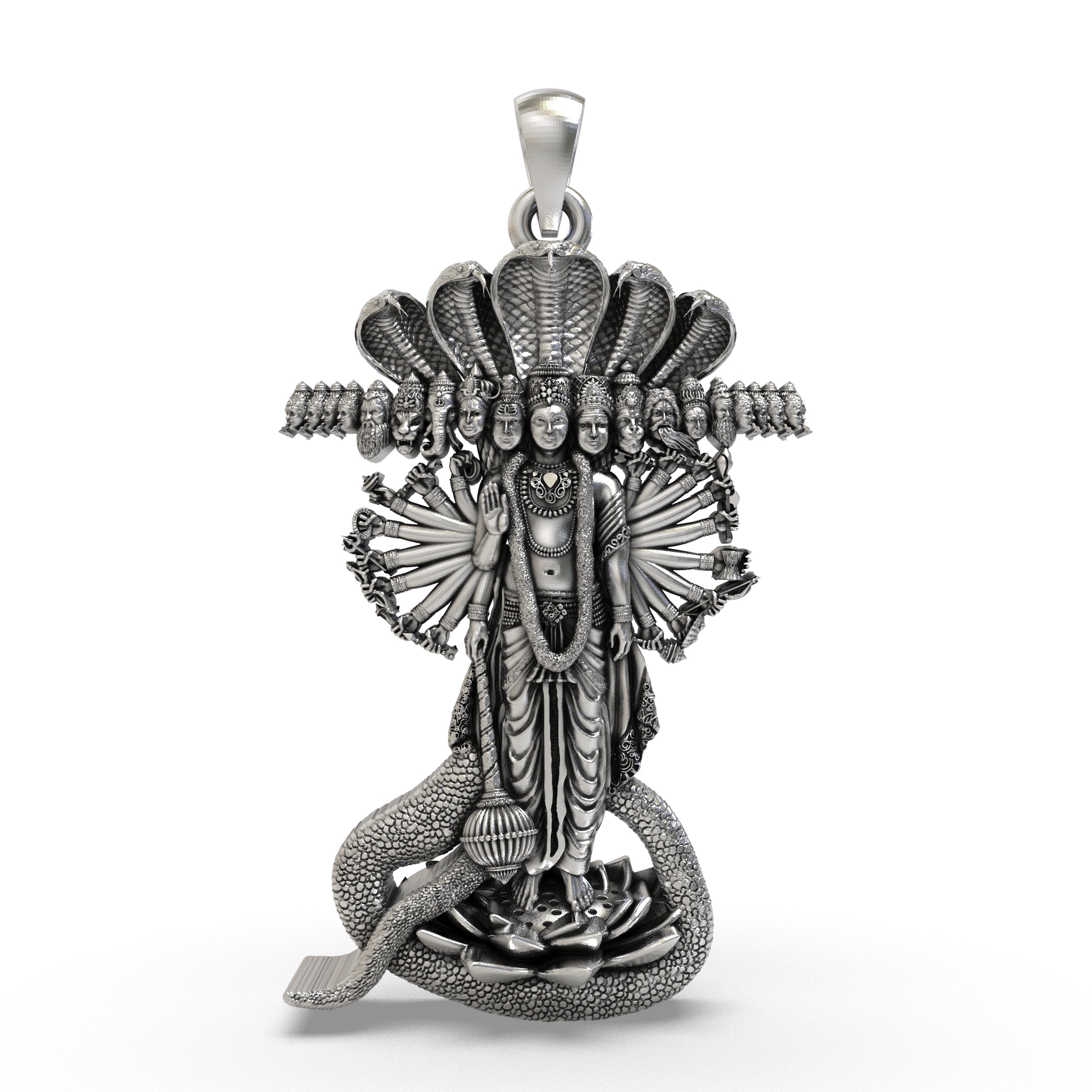 Front view of the detailed 925 Silver Lord Vishnu Pendant, showcasing its intricate design and antique oxidized finish.