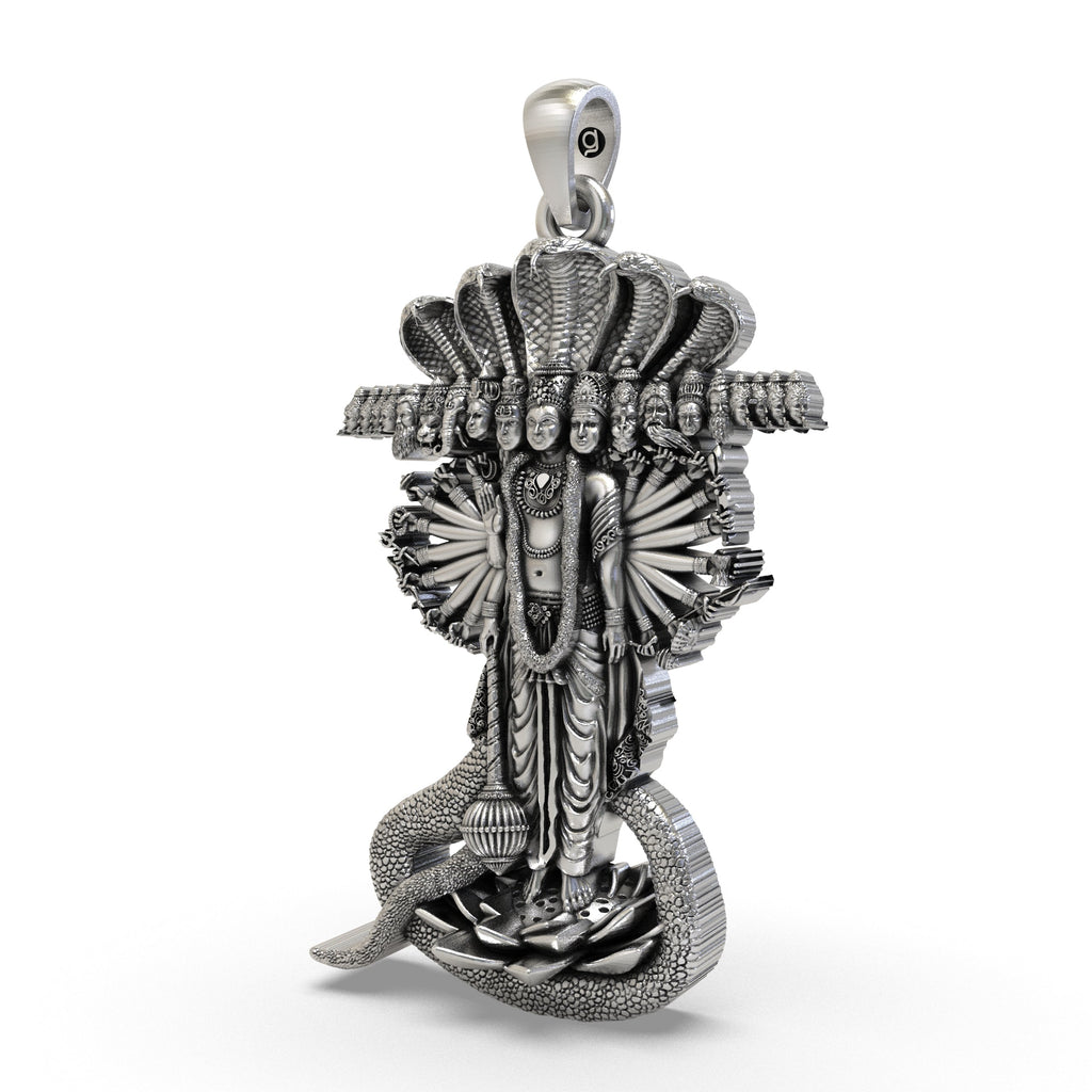 An angled perspective of the 925 Silver Lord Vishnu Pendant, highlighting the depth and craftsmanship of the sacred piece.
