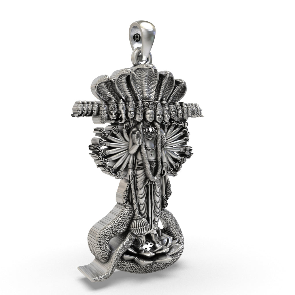 Close-up detail of the sterling silver Lord Vishnu Pendant, focusing on the deity's serene expression and symbolic items.