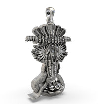 Close-up detail of the sterling silver Lord Vishnu Pendant, focusing on the deity's serene expression and symbolic items.