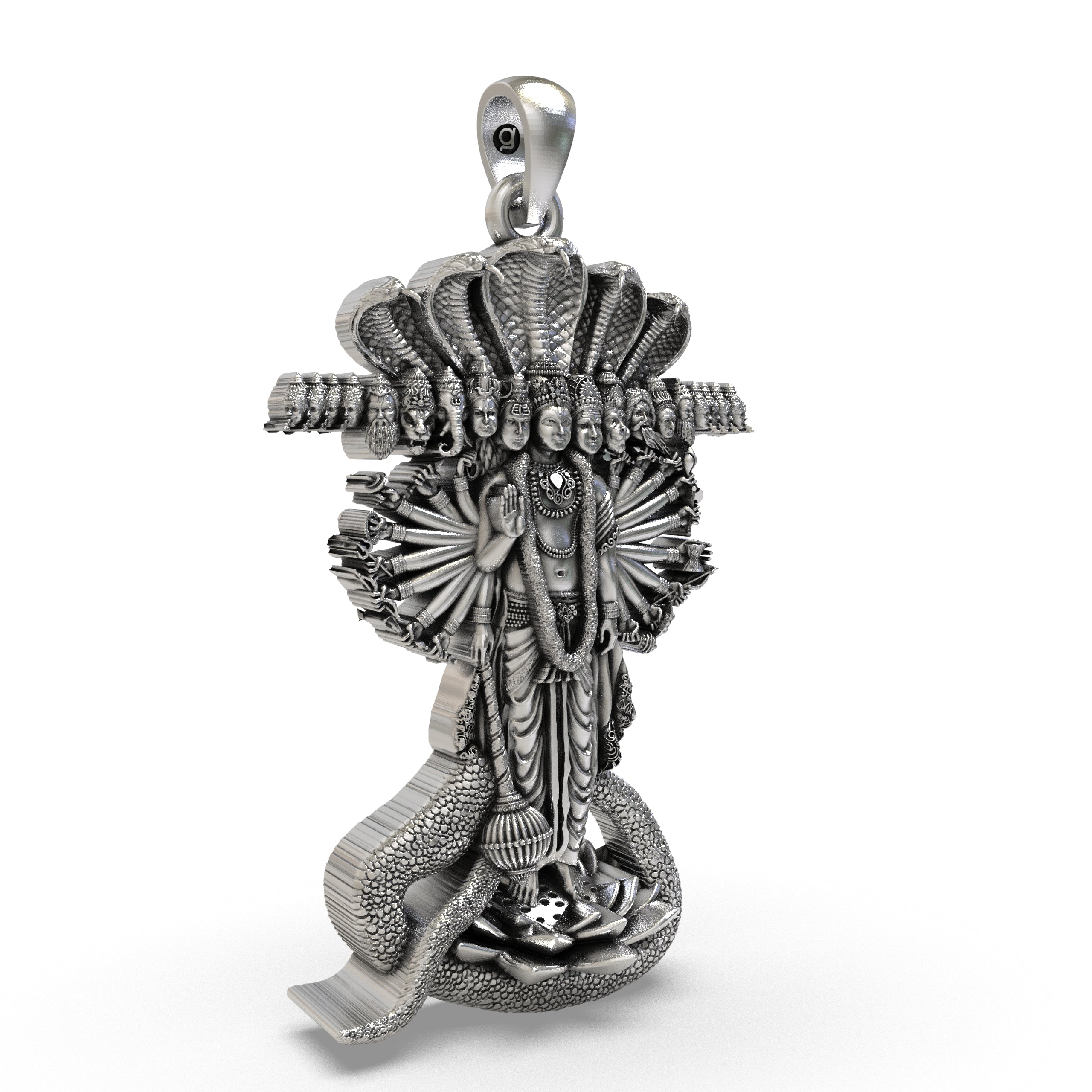 Close-up detail of the sterling silver Lord Vishnu Pendant, focusing on the deity's serene expression and symbolic items.