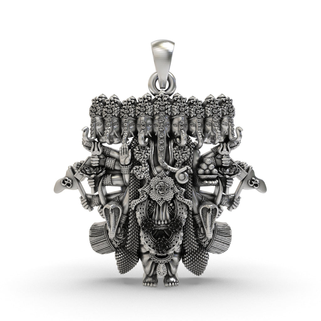Front view of the 925 silver Ganesh nine heads pendant, showcasing its intricate details and oxidized finish.