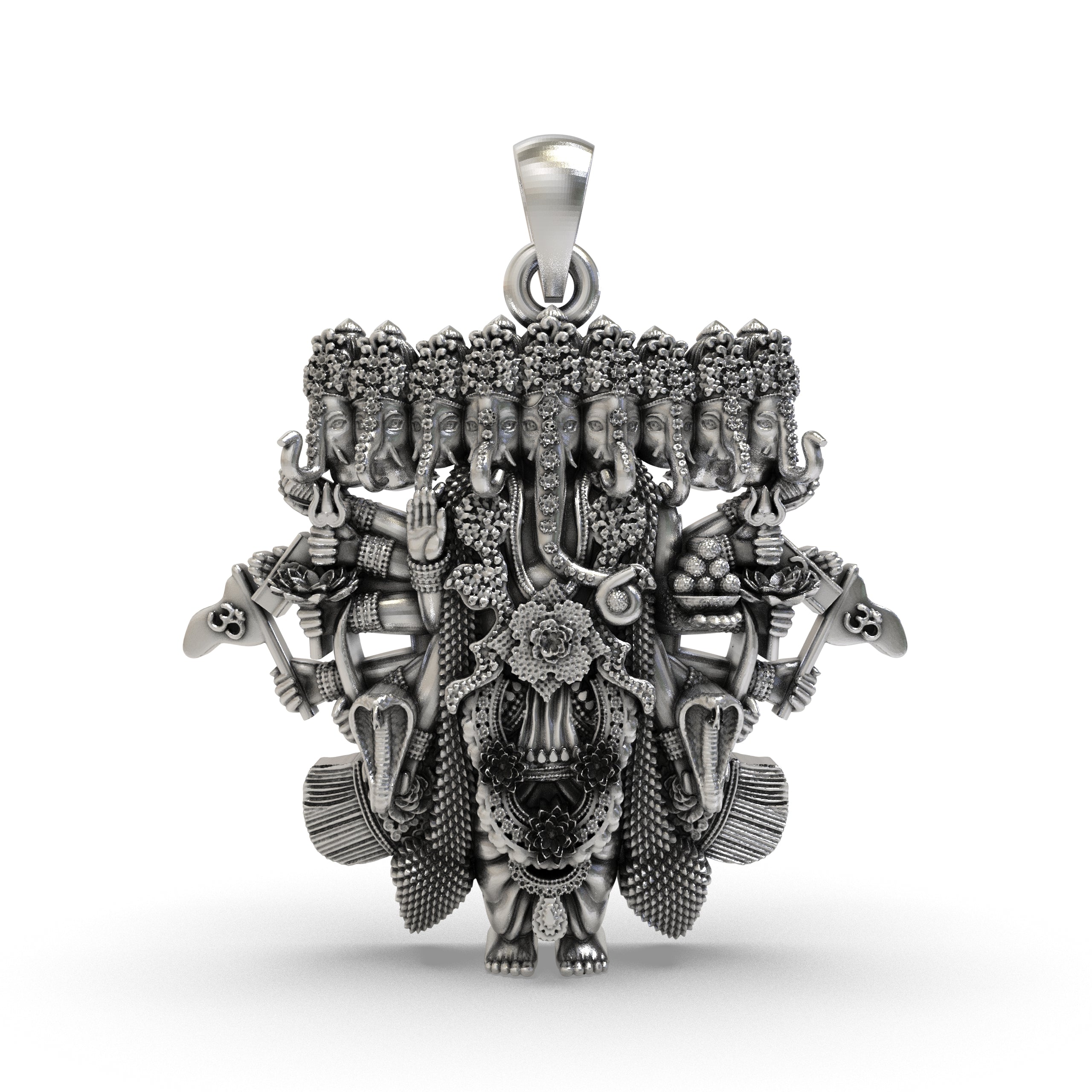 Front view of the 925 silver Ganesh nine heads pendant, showcasing its intricate details and oxidized finish.