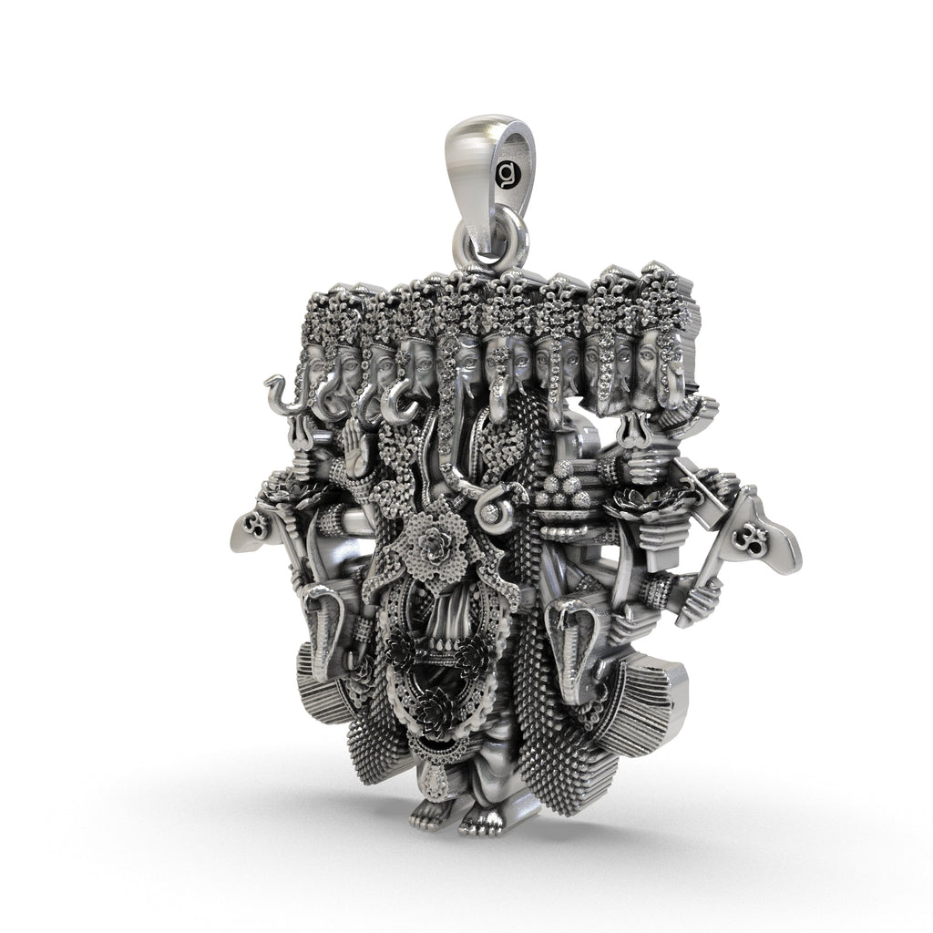 Angled profile of the sacred nine-headed Ganesh pendant in 925 sterling silver, highlighting its divine form.
